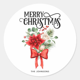 Sticker Rond Bouquet de fleur de Noël Rose Poinsettia