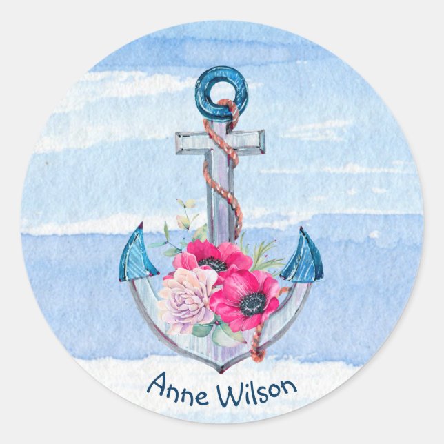 Sticker Rond bouquet de fleurs d'ancre nautique (Devant)