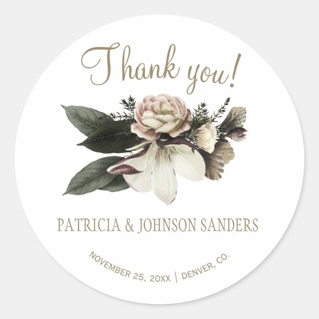 Sticker Rond Bouquet de fleurs d'hiver mariage merci (Devant)