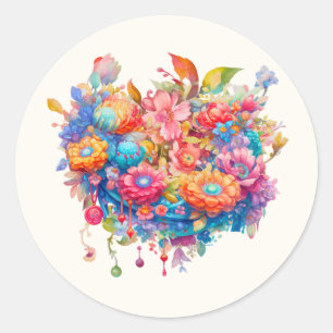 Sticker Rond Bouquet de fleurs en rose orange et bleu Boho