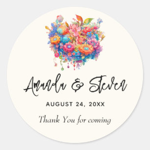 Sticker Rond Bouquet de fleurs Orange & Merci Mariage bleu