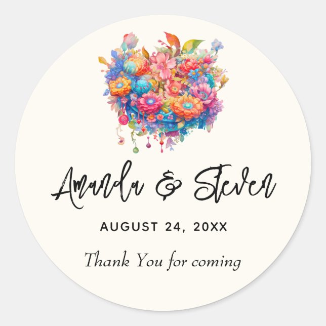 Sticker Rond Bouquet de fleurs Orange & Merci Mariage bleu (Devant)
