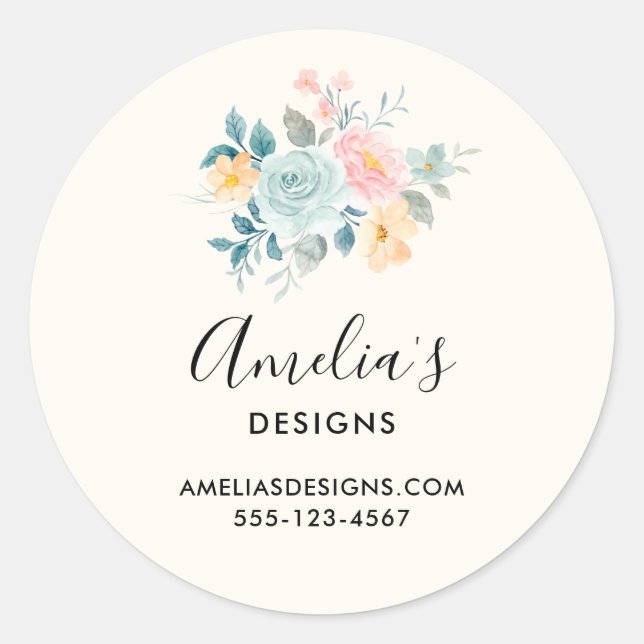 Sticker Rond Bouquet de fleurs rose et bleu élégant (Devant)