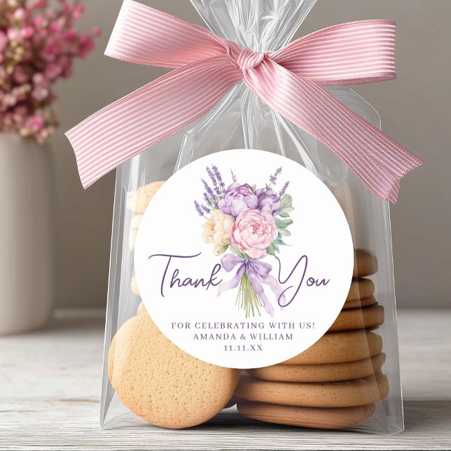 Sticker Rond Bouquet de fleurs rose violet moderne de pivoine M (Modern Pink Purple Peony Flower Bouquet Thank You Classic Round Sticker)