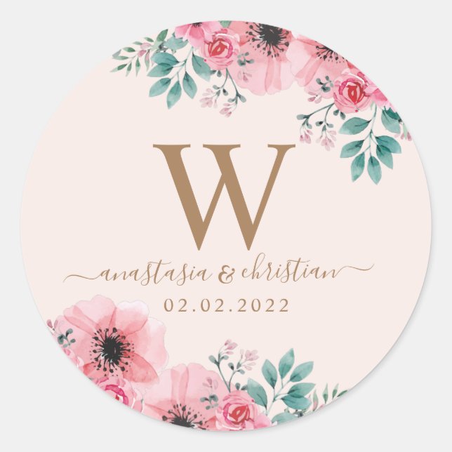 Sticker Rond Bouquet de fleurs vert rose Mariage (Devant)