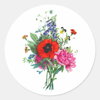 Sticker Rond Bouquet de Foxglove, Poppy et Peonie par Prevost