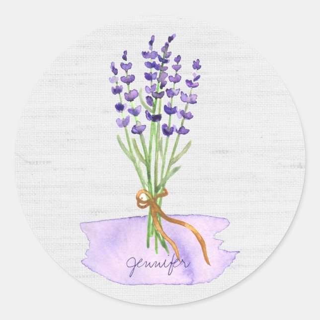 Sticker Rond Bouquet de lavande violette sur Burlap de lin rust (Devant)