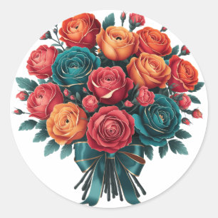 Sticker Rond Bouquet de Mariage turquoise Orange Red Peony