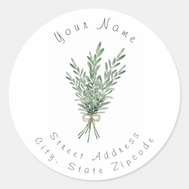 Sticker Rond Bouquet de romarin d'aquarelle avec bec de jute (Devant)