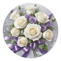 Bouquet de roses blanches et lilas, rubans lilas