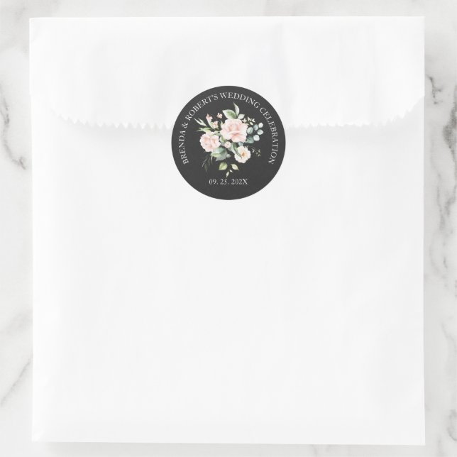 Sticker Rond Bouquet de roses rose pâle sur lin noir (Sac)