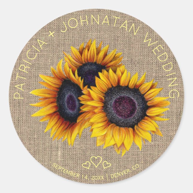 Sticker Rond Bouquet de tournesol mariage de burlap rustique (Devant)
