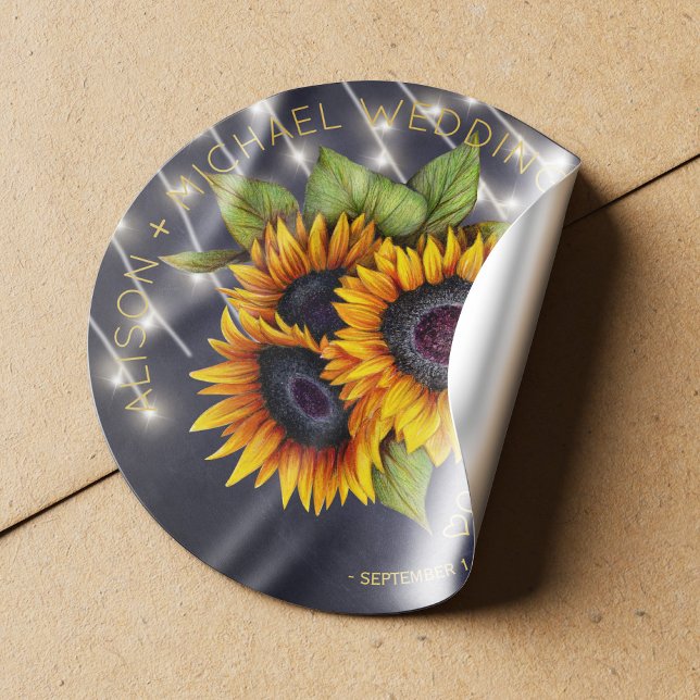 Sticker Rond Bouquet de tournesol mariage en damier rustique (Créateur téléchargé)