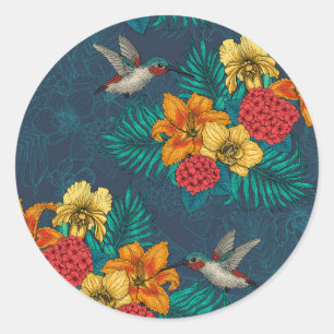 Sticker Rond Bouquet et colibris tropicaux