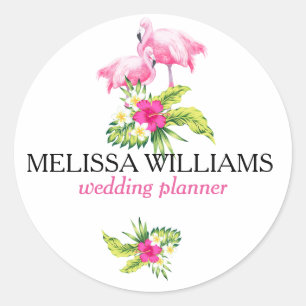 Sticker Rond Bouquet Flamants roses roses et fleurs tropicales