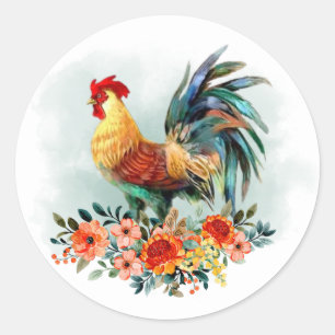 Sticker Rond Bouquet floral de coq au poulet aquarelle