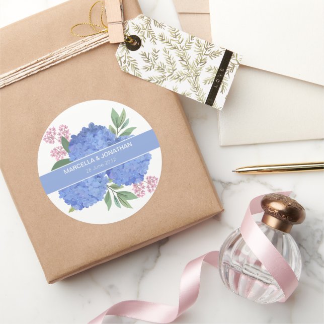 Sticker Rond Bouquet moderne Blue Hydrangeas Personnalisé (Cadeaux)