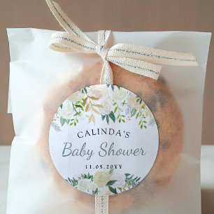 Sticker Rond Bouquet Rose blanche   BABY SHOWER