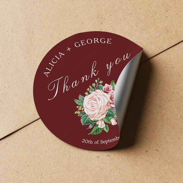 Sticker Rond Bouquet Rose chic Merci Mariage (Créateur téléchargé)