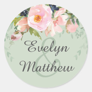 Sticker Rond Bouquet rose pâle sur Mariage vert Sage