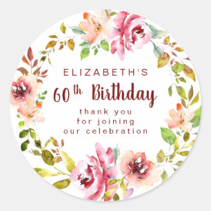 Sticker Rond Bourgogne 60e anniversaire Floral Wreath Merci