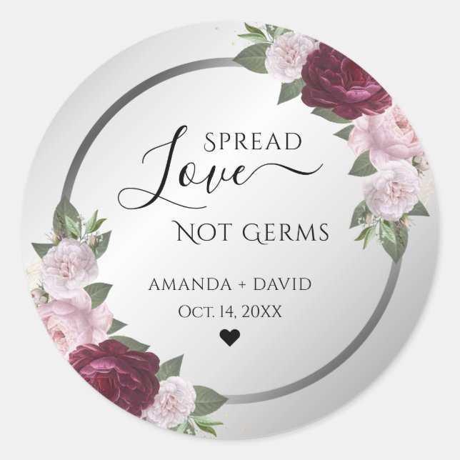 Sticker Rond Bourgogne Blush Argent Floral Étalé Amour (Devant)