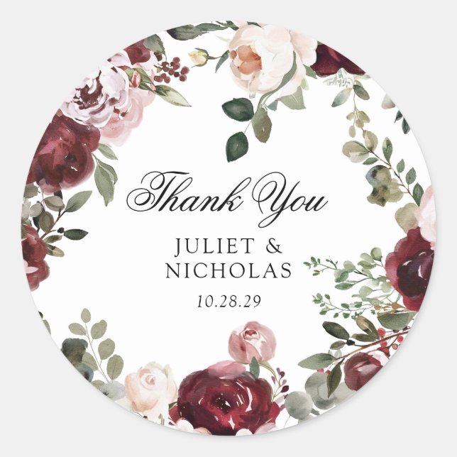 Sticker Rond Bourgogne & Blush Floral Wedding Favoriser (Devant)