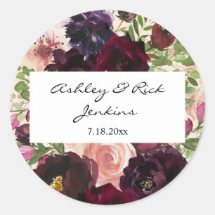 Sticker Rond Bourgogne & Blush Pink Floral & Nom