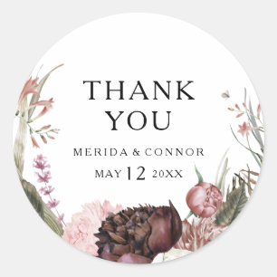 Sticker Rond Bourgogne Boho Floral Merci Mariage Faveur