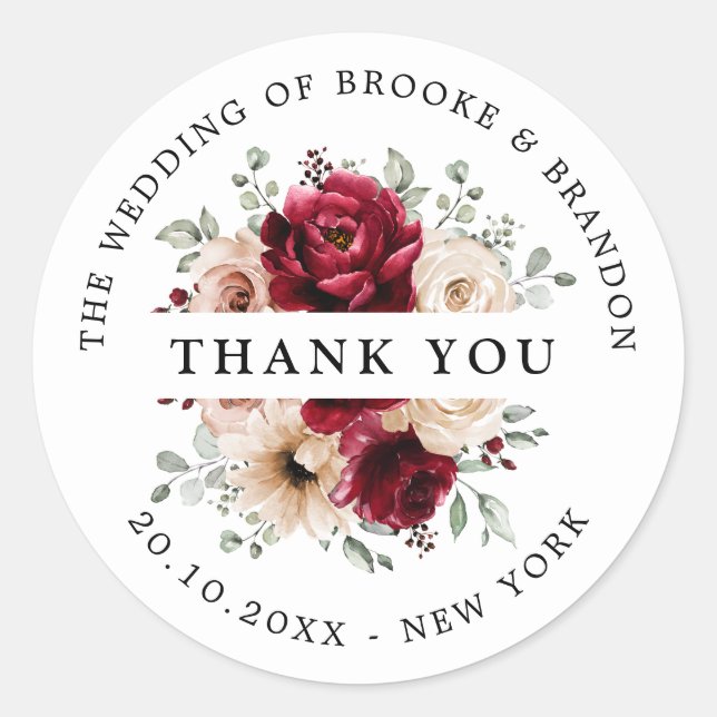 Sticker Rond Bourgogne Champagne Ivory Mauve Mariage Merci (Devant)