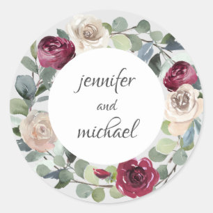 Sticker Rond Bourgogne et blanc Aquarelle Rose Florale