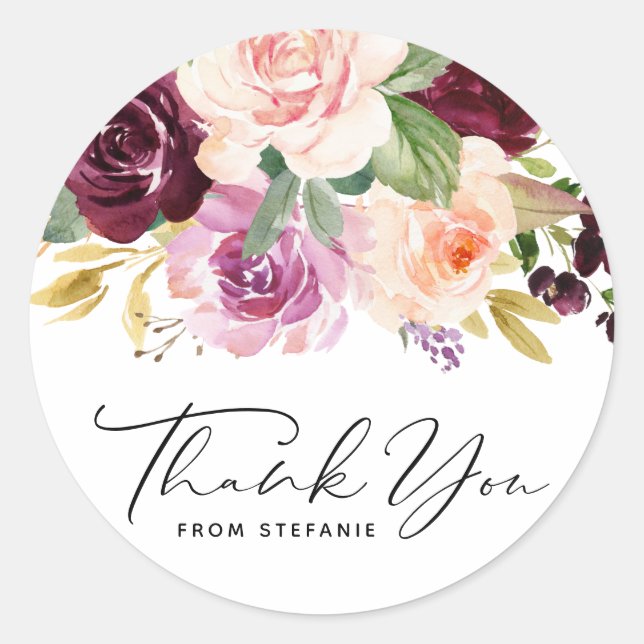 Sticker Rond Bourgogne et fleurs de pêche Anniversaire Merci (Devant)