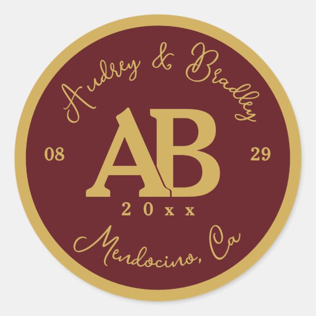 Sticker Rond Bourgogne et or 2 lettres Monogramme Mariage (Devant)