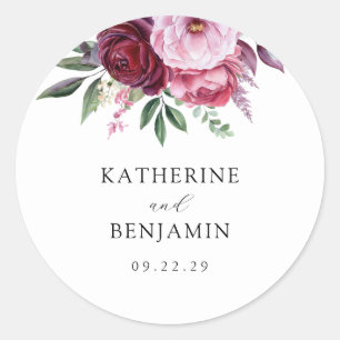 Sticker Rond Bourgogne et rose Elégant Mariage floral