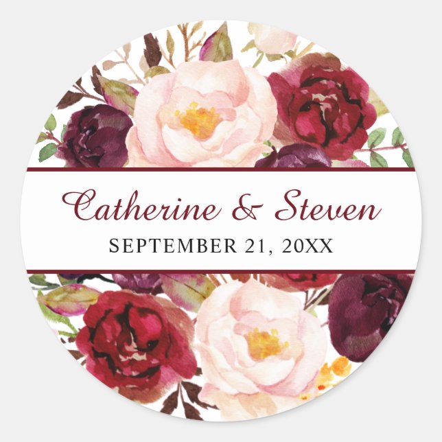 Sticker Rond Bourgogne et rose pâle Élégant Mariage floral (Devant)