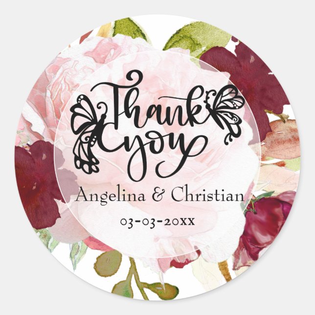 Sticker Rond Bourgogne Floral Bouquet Merci Mariage (Devant)