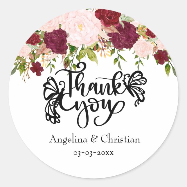 Sticker Rond Bourgogne Floral Bouquet Merci Mariage (Devant)