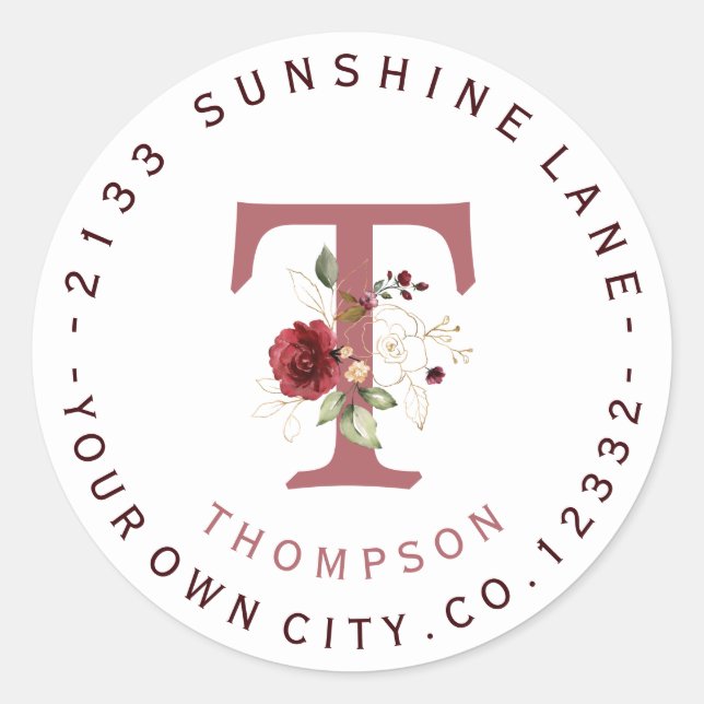 Sticker Rond Bourgogne Floral Gold Monogram Adresse circulaire (Devant)
