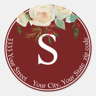 Sticker Rond Bourgogne Floral Holiday Monogramme Adresse de ret