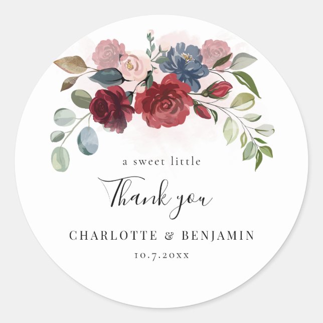 Sticker Rond Bourgogne Floral Mariage Merci (Devant)