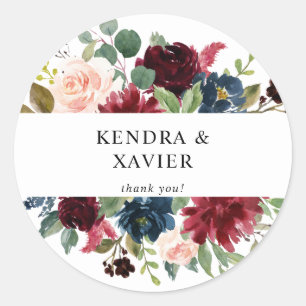 Sticker Rond Bourgogne & Marine, Merci floral rose pâle