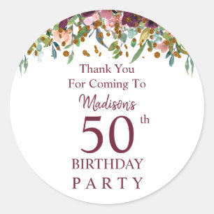 Sticker Rond Bourgogne Marsala Floral 50e Anniversaire Merci