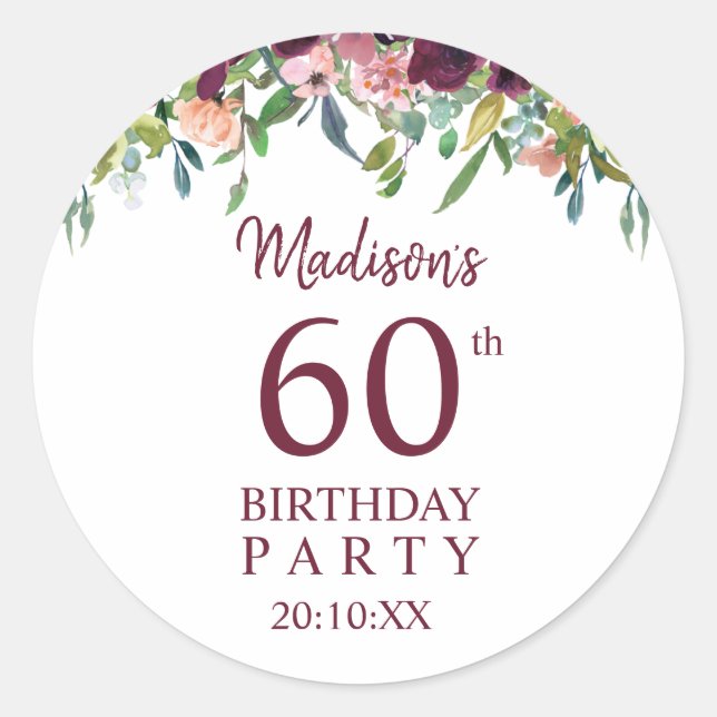 Sticker Rond Bourgogne Marsala Floral 60e fête d'anniversaire (Devant)