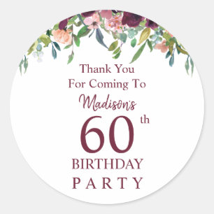 Sticker Rond Bourgogne Marsala Floral 60ème Anniversaire Merci
