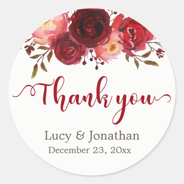 Sticker Rond Bourgogne Marsala Roses rouges Merci Floral (Devant)