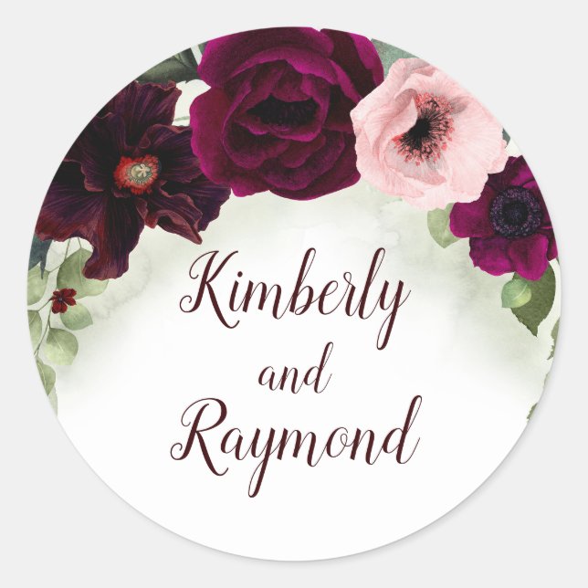 Sticker Rond Bourgogne Peonies Aquarelle Verdure Bouquet (Devant)
