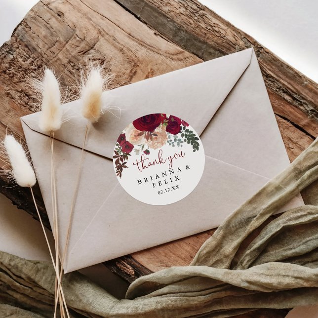 Sticker Rond Bourgogne Rose Merci Floral Mariage Faveur (Créateur téléchargé)