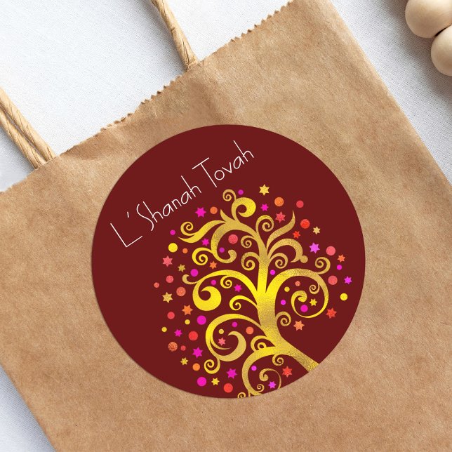 Sticker Rond Bourgogne Rosh Hashanah Gold Foil Arbre de vie Bol (Créateur téléchargé)