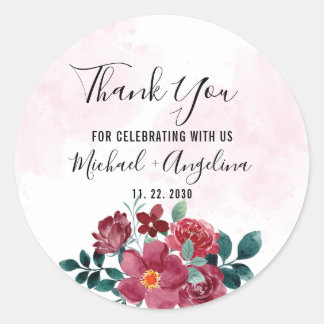 Sticker Rond Bourgogne Rouge Blush Floral Wedding Favoriser