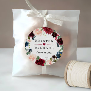 Sticker Rond Bourgogne Rouge Blush Floral Wreath Wedding Favori